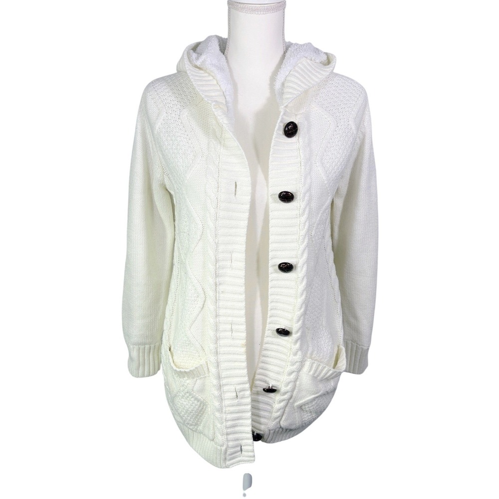 VTG Cable Knit Cardigan Shacket Hooded Womens Sz S Cream Light Staining See Pics